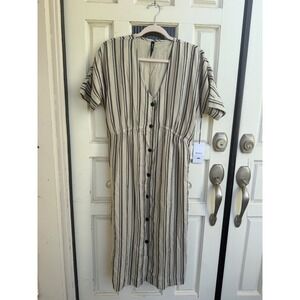 RVCA Smith Midi Dress Oat Striped Button Front Modal Casual Womens Size Large